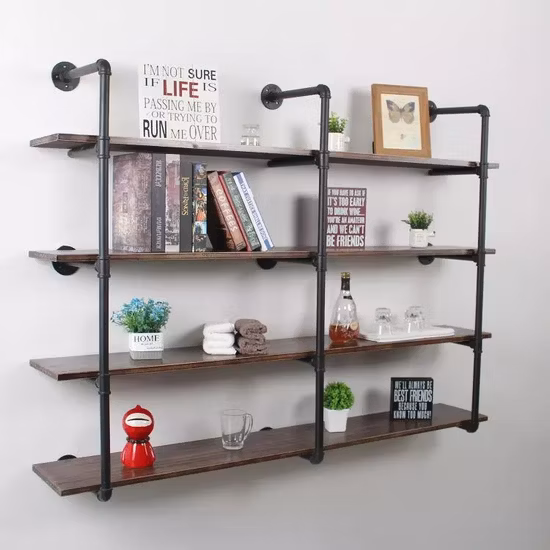 Marco de tubería de metal de hierro fundido Soporte de estante de decoración de pared Estante de madera montado en la pared