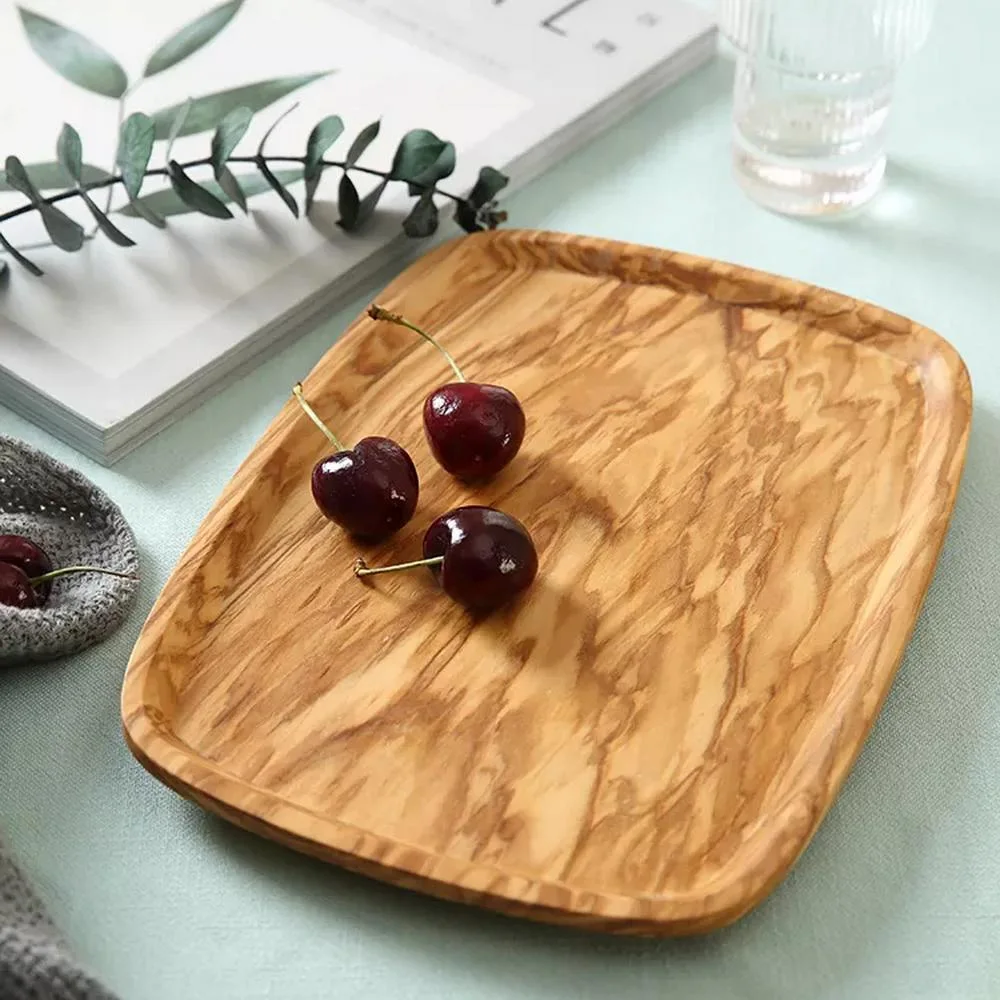 Solid Olive Wood Serving Tray for Coffee Snacks Appetizer Cake Food Bread Fruit