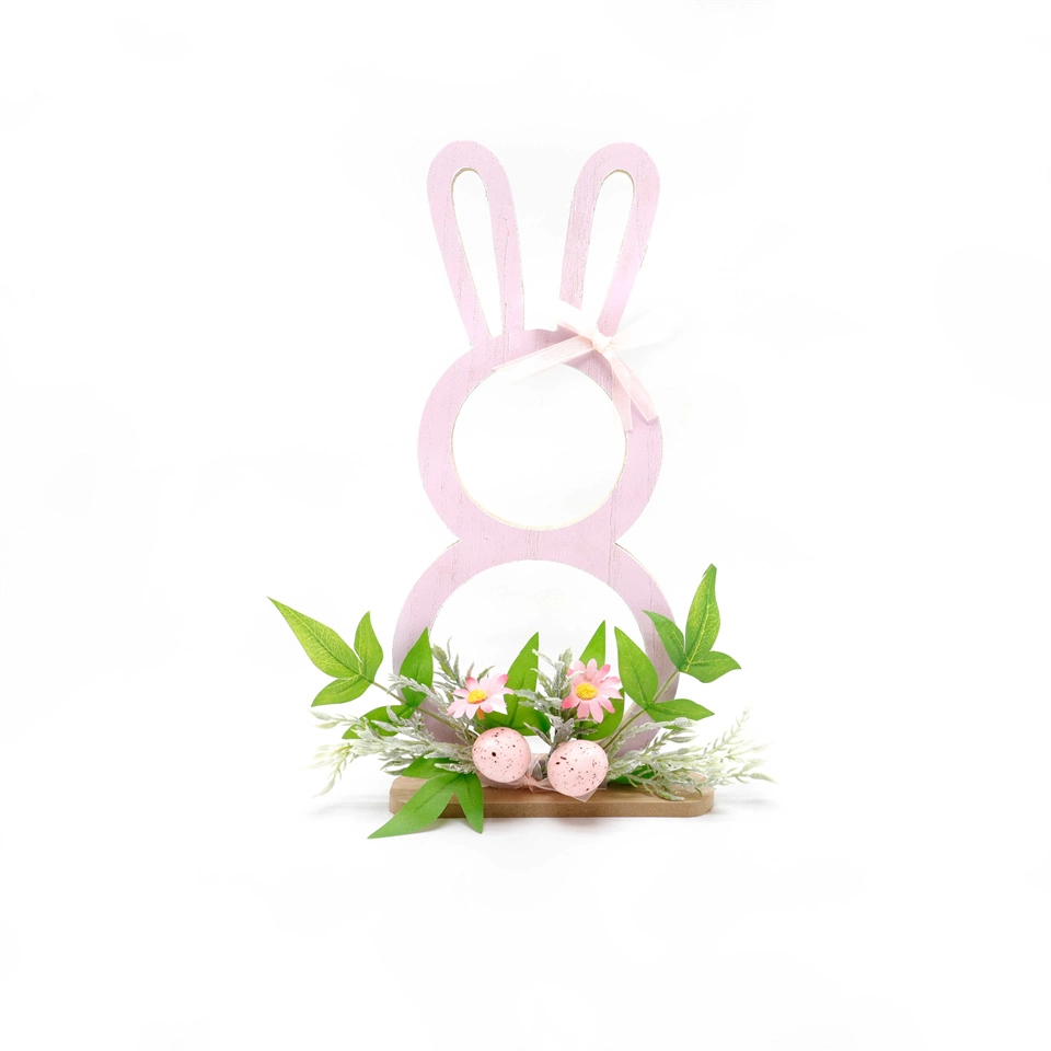 Cute Pink Wooden Rabbit Artificial Green Plant Egg Ornaments Easter Decoration Wooden Rabbit Ornaments