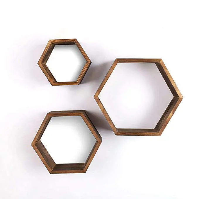 Excellent Quality 3 PCS Set MDF Painting Floating Hexagon Wood Home Wall Shelf Hexagon Disarmable Shelf