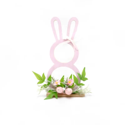 Bonito conejo de madera rosa, adornos de huevo de planta verde Artificial, decoración de Pascua, adornos de conejo de madera